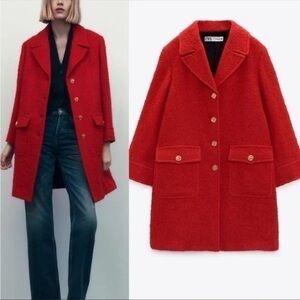 New ZARA Women Red Textured Wool Blend Coat Size small